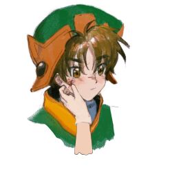 Rule 34 | 1boy, 1other, blood, blood on face, brown eyes, brown hair, cardcaptor sakura, child, closed mouth, expressionless, gloves, green headwear, highres, li xiaolang, ling5707, magical boy, simple background, white background, white gloves
