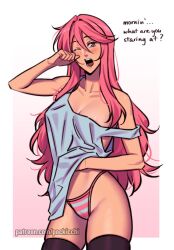 Rule 34 | black thighhighs, blush, border, clothes lift, collarbone, commentary, english commentary, english text, gradient background, hand on own stomach, lisa (pockicchi), long hair, looking at viewer, one eye closed, open mouth, original, outside border, panties, pink background, pink hair, pink panties, pockicchi, shirt, shirt lift, standing, striped clothes, striped panties, teeth, thighhighs, underwear, white border, white shirt, yawning
