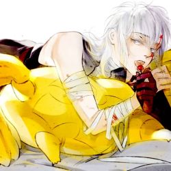 Rule 34 | 1boy, allen walker, bad id, bad pixiv id, bandaged arm, bandages, black nails, blood, blue eyes, blurry, cherry, colored eyelashes, d.gray-man, depth of field, eating, eyebrows, facial mark, food, fruit, grey eyes, hair down, highres, holding, holding food, injury, long hair, looking to the side, lying, male focus, messy hair, nail polish, on stomach, open mouth, scar, scar across eye, scar on face, sleeveless, star (symbol), timcanpy, white background, white hair, wujiu999