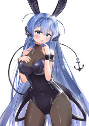 Rule 34 | 1girl, absurdres, anchor, animal ears, azur lane, bare shoulders, black leotard, blue eyes, blue hair, blush, bodysuit, breasts, cleavage, covered navel, cowboy shot, embarrassed, finger to mouth, hair between eyes, hand on breast, hand on own chest, hands up, head tilt, headgear, highres, hip focus, large breasts, leaning forward, leotard, long hair, looking at viewer, new jersey (azur lane), new jersey (exhilarating steps!) (azur lane), official alternate costume, open mouth, pantyhose, playboy bunny, ps rinsu, rabbit ears, see-through, see-through cleavage, skin tight, sleeveless, solo, tail, thighs, very long hair, wrist cuffs