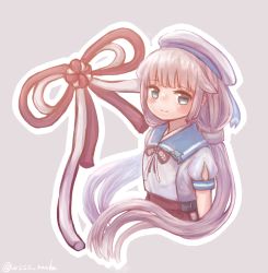Rule 34 | 1girl, blue sailor collar, blunt bangs, blush, cropped torso, dolphin, grey background, hair flaps, hat, kantai collection, light brown hair, long hair, low twintails, mikura (kancolle), red skirt, ribbon, sailor collar, school uniform, serafuku, short sleeves, simple background, skirt, smile, solo, twintails, twitter username, white hat, wss (nicoseiga19993411)