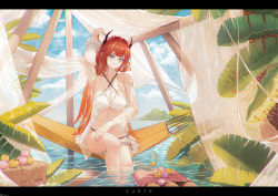 Rule 34 | 1girl, absurdres, arknights, bikini, cairaovo, closed mouth, food, fruit, hammock, highres, horns, looking at viewer, partially submerged, plant, purple eyes, red hair, sitting, solo, surtr (arknights), swimsuit, water