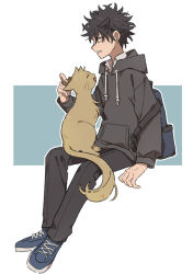 Rule 34 | 1boy, ^ ^, animal, animalization, arm at side, backpack, bag, black cat, black hair, black hoodie, black pants, blue footwear, casual, cat, closed eyes, collared shirt, commentary, cross-laced footwear, drawstring, full body, hand on another&#039;s ear, hand up, hood, hoodie, inukai sumiharu, invisible chair, kageura masato, long sleeves, looking away, male focus, nana 0253, open mouth, outline, pants, parted lips, petting, profile, sharp teeth, shirt, shoes, short hair, sitting, sneakers, spiked hair, strap slip, teeth, white background, white outline, white shirt, world trigger