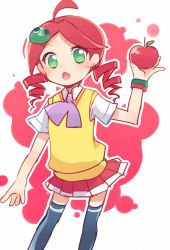 Rule 34 | 1girl, andou ringo, black thighhighs, bow, character hair ornament, food, fruit, green eyes, hair ornament, hand up, holding, holding food, holding fruit, looking at viewer, open mouth, purple bow, puyo (puyopuyo), puyopuyo, red hair, red skirt, shirt, short sleeves, skirt, sweater vest, thighhighs, twintails, white background, white shirt, white sleeves, xox xxxxxx, yellow sweater vest