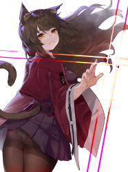 Rule 34 | 1girl, animal ear fluff, animal ears, arknights, ass, bkko, black pantyhose, black skirt, brown hair, cat ears, cat girl, cat tail, chinese commentary, commentary, cowboy shot, facing away, floating hair, hand up, jacket, long hair, looking at viewer, panties, panties under pantyhose, pantyhose, pleated skirt, red jacket, simple background, skirt, skyfire (arknights), smile, solo, standing, tail, thighs, underwear, white background, yellow eyes