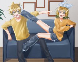 Rule 34 | 1boy, 1girl, ahoge, anger vein, angry, black pants, blue eyes, bow, brother and sister, couch, dolphin shorts, fang, foot on another&#039;s face, grey leg warmers, grey shorts, hair between eyes, hair bow, hair ornament, hairclip, half-closed eye, highres, kagamine0928, kagamine len, kagamine rin, kicking, long sleeves, medium hair, orange shirt, pants, picture frame, pointing, pointing at another, shirt, short hair, shorts, siblings, sleeves rolled up, spiked hair, twins, vocaloid, wavy hair, wavy mouth, white bow, wooden floor, yellow shirt