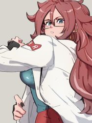 Rule 34 | 1girl, android 21, black-framed eyewear, black nails, blue eyes, breasts, dragon ball, dragon ball fighterz, earrings, fingernails, glasses, grey background, hoop earrings, jewelry, kemachiku, lab coat, long hair, looking at viewer, medium breasts, nail polish, red hair, red ribbon army, simple background, solo