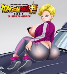 Rule 34 | 1girl, absurdres, alternate ass size, alternate body size, alternate breast size, android 18, ass, blonde hair, blue eyes, breasts, breasts out, butt crack, cleavage, copyright name, curvy, doompypomp, dragon ball, dragon ball super, dragon ball super super hero, full body, gradient background, grey background, grey pants, highres, huge ass, huge breasts, jacket, large breasts, looking at viewer, looking back, pants, pasties, pink socks, purple eyes, see-through, shiny skin, simple background, socks, sweat, tape, tape on nipples, track jacket