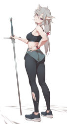 Rule 34 | 1girl, animal ear fluff, animal ears, ass, bandaged hand, bandages, bare shoulders, black footwear, black leggings, black pantyhose, breasts, from behind, grey hair, grey shorts, guihuo inferno, hand on own hip, highres, holding, holding sword, holding weapon, injury, large breasts, leggings, long hair, looking at viewer, looking back, original, pantyhose, parted lips, purple eyes, shoes, short shorts, shorts, simple background, sneakers, solo, sports bra, standing, sword, torn clothes, torn pantyhose, watch, weapon, white background, wristwatch
