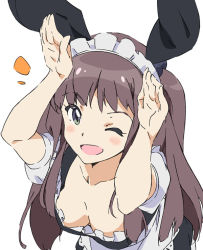 Rule 34 | 10s, 1girl, ;d, animal ears, breasts, brown hair, cleavage, downblouse, green eyes, looking at viewer, maid, maid headdress, okamoto miyu, one eye closed, open mouth, rabbit ears, rabbit pose, simple background, smile, solo, twintails, umanosuke, wake up girls!, white background, wink