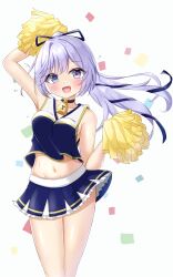 Rule 34 | 1girl, arm up, blue eyes, blush, breasts, cheerleader, choker, commission, confetti, crop top, fang, grey hair, hair ribbon, highres, holding, holding pom poms, lock, looking at viewer, midriff, navel, numamizuki, open mouth, otogi nemu, pom pom (cheerleading), pom poms, ponytail, purple eyes, re:act, ribbon, shirt, skeb commission, skirt, sleeveless, sleeveless shirt, small breasts, solo, sweat, virtual youtuber