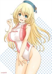 Rule 34 | 1girl, atago (kancolle), blonde hair, floating hair, green eyes, hat, highres, kantai collection, long hair, looking at viewer, one-piece swimsuit, shimamoto (natsuki), simple background, skin tight, smile, swimsuit, thighs