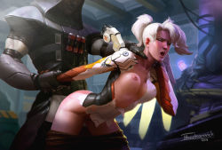 Rule 34 | 1boy, 1girl, arm around neck, arm held back, artist name, bent over, breasts, closed eyes, clothed sex, clothes pull, coat, doggystyle, grabbing, grabbing from behind, hetero, high ponytail, highres, hood, long sleeves, makeup, mercy (overwatch), nipples, open mouth, overwatch, overwatch 1, pants, pants pull, ponytail, pubic hair, rape, reaper (overwatch), sex, sex from behind, shaded face, shadow, short ponytail, signature, solo focus, tarakanovich, tongue, tongue out, torn clothes, trench coat, vaginal, white hair, wings