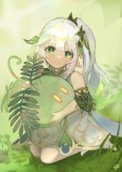 Rule 34 | 1girl, absurdres, cape, closed mouth, commentary request, dress, flower-shaped pupils, genshin impact, gradient hair, green cape, green eyes, green hair, hair ornament, highres, leaf hair ornament, looking at viewer, multicolored hair, nahida (genshin impact), on grass, osesube2, pointy ears, side ponytail, signature, sitting, sleeveless, sleeveless dress, slime (genshin impact), smile, socks, stirrup legwear, symbol-shaped pupils, toeless legwear, wariza, white dress, white hair, white socks