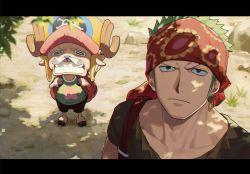 Rule 34 | 2boys, animal, antlers, antlers through headwear, backpack, bag, closed mouth, collarbone, earrings, green hair, hat, headband, highres, horns, jewelry, male focus, multiple boys, one piece, one piece: strong world, outdoors, qin (7833198), roronoa zoro, serious, shirt, shorts, standing, tony tony chopper