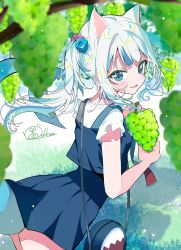 Rule 34 | 1girl, absurdres, animal ears, artist name, bag, blue dress, blue eyes, blue hair, cat ears, day, dress, fins, fish tail, food, frilled sleeves, frills, from behind, fruit, gawr gura, gawr gura (casual), grape vine, grapes, grass, handbag, highres, hololive, hololive english, ichijo rei, looking at viewer, medium hair, multicolored hair, official alternate costume, open mouth, outdoors, pinafore dress, shadow, shark tail, sharp teeth, shirt, short sleeves, side ponytail, sidelocks, signature, sleeveless, sleeveless dress, smile, solo, standing, streaked hair, sunlight, tail, teeth, virtual youtuber, white hair, white shirt