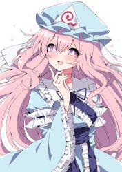 Rule 34 | 1girl, alternate hair length, alternate hairstyle, blue hat, commentary request, hat, highres, long hair, looking at viewer, open mouth, pink hair, saigyouji yuyuko, simple background, smile, solo, touhou, triangular headpiece, tsukimirin, white background, wide sleeves