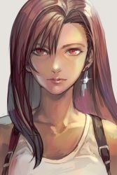 Rule 34 | 1girl, bare shoulders, brown hair, closed mouth, earrings, final fantasy, final fantasy vii, grey background, hair between eyes, hungry clicker, jewelry, long hair, looking at viewer, red eyes, simple background, solo, square enix, suspenders, tank top, tifa lockhart, upper body