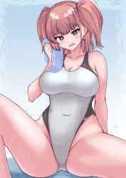 Rule 34 | 1girl, absurdres, atlanta (kancolle), breasts, brown hair, cleavage, competition swimsuit, drying, highres, holding, holding towel, kantai collection, large breasts, looking at viewer, one-piece swimsuit, smile, solo, sweat, swimsuit, thighs, tokiwa senkei, towel, two side up