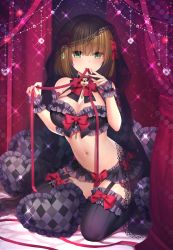 Rule 34 | 1girl, absurdres, argyle, bare shoulders, bdsm, black bra, black thighhighs, bow, bowtie, bra, breasts, brown hair, cleavage, collar, curtains, garter straps, glint, green eyes, hair bow, halterneck, heart, heart-shaped pillow, highres, hoshina meito, large breasts, leash, lingerie, little red riding hood, looking at viewer, md5 mismatch, mouth hold, navel, pillow, red bow, red ribbon, resolution mismatch, ribbon, short hair, slave, solo, stomach, thighhighs, underwear, veil, wrist cuffs