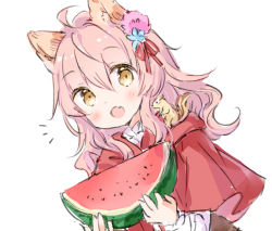 Rule 34 | 1girl, :d, ahoge, animal, animal ear fluff, animal ears, animal on shoulder, blue flower, blush, brown eyes, capelet, commentary request, fang, flower, food, fruit, hair between eyes, hair flower, hair ornament, hair ribbon, holding, holding food, hood, hood down, hooded capelet, long sleeves, looking at viewer, notice lines, open mouth, original, pink flower, pink hair, red capelet, red ribbon, ribbon, shirt, simple background, smile, solo, squirrel, upper body, wataame27, watermelon, watermelon slice, white background, white shirt, wolf-chan (wataame27), wolf ears