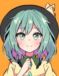 Rule 34 | 1girl, absurdres, black hat, blouse, blush, buttons, closed mouth, collared shirt, commentary request, diamond button, green eyes, green hair, hat, hat ribbon, highres, komeiji koishi, looking at viewer, medium hair, nono54558, one-hour drawing challenge, orange background, ribbon, shirt, simple background, smile, solo, touhou, upper body, wavy hair, yellow ribbon, yellow shirt