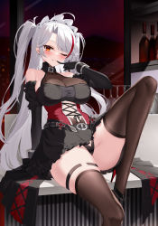 Rule 34 | 1girl, absurdres, alternate costume, azur lane, black gloves, black hair, bottle, breasts, elbow gloves, enmaided, gloves, highres, large breasts, long hair, looking at viewer, maid, maid headdress, one eye closed, prinz eugen (azur lane), prinz eugen (kindred evening spirits) (azur lane), red eyes, sitting, smile, solo, thighhighs, thighs, twintails, underwear, white hair, wine bottle, yuxian youka
