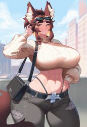 Rule 34 | 1girl, abs, absurdres, animal ears, belt, breasts, brown hair, brown tail, cropped sweater, curvy, eyewear on head, haru feng, highres, huge breasts, long tail, original, pants, prada (brand), ribbed sweater, smile, solo, standing, sweater, tail, thick thighs, thighs, torn clothes, torn pants, vicky wang, wide hips, yellow eyes
