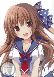 Rule 34 | 1girl, absurdres, blush, bow, breasts, brown eyes, brown hair, cleavage, hair bow, head tilt, highres, karory, long hair, looking at viewer, medium breasts, midriff, necktie, open mouth, original, polka dot, red necktie, sailor collar, scan, school uniform, short sleeves, side ponytail, sidelocks, simple background, smile, solo, upper body, white background