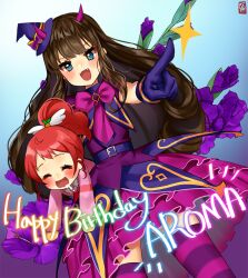 Rule 34 | 2girls, :d, bad id, bad twitter id, belt, blue background, blue belt, blue eyes, blue gloves, brown hair, character name, closed eyes, collared dress, demon horns, dress, gambe, gloves, happy birthday, hat, horns, idol clothes, kurosu aroma, long hair, looking at viewer, mini hat, mini witch hat, multiple girls, open mouth, paprika private academy school uniform, pointing, pointing at viewer, ponytail, pretty series, pripara, purple dress, red hair, school uniform, shiratama mikan, smile, sparkle, standing, witch hat