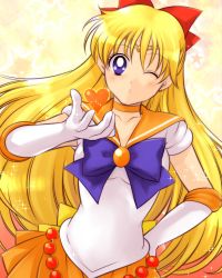 Rule 34 | 1girl, aino minako, bishoujo senshi sailor moon, blonde hair, blouse, blowing kiss, blue bow, blue bowtie, blue eyes, bow, bowtie, choker, collarbone, elbow gloves, gloves, hair between eyes, hair bow, hand on own hip, heart, highres, long hair, looking at viewer, miniskirt, one eye closed, orange ribbon, orange skirt, parted lips, pleated skirt, red bow, ribbon, ribbon choker, sailor venus, shirt, short sleeves, skirt, solo, standing, terujirou (masateruteru), toei animation, very long hair, white gloves, white shirt, wink