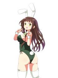 Rule 34 | 1girl, :d, animal ears, ass, bare shoulders, blunt bangs, blush, bow, bowtie, breasts, brown hair, collar, commentary request, cowboy shot, detached collar, double v, fake animal ears, from behind, gochuumon wa usagi desu ka?, green bow, green bowtie, green eyes, green leotard, highres, large breasts, leotard, long hair, looking at viewer, looking back, open mouth, phantom2071, playboy bunny, rabbit ears, rabbit girl, sideboob, simple background, smile, solo, standing, thighhighs, ujimatsu chiya, v, white background, white collar, white thighhighs, wrist cuffs