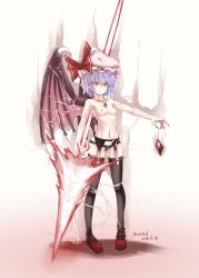 Rule 34 | 1girl, 3:, 3:&lt;, b.d, black panties, black thighhighs, bow, breasts, dated, demon wings, energy spear, fingernails, frown, full body, furrowed brow, garter belt, gradient background, hat, hat bow, highres, jewelry, lingerie, long fingernails, mob cap, navel, nipples, outstretched arm, panties, pendant, pointy ears, polearm, purple hair, red eyes, remilia scarlet, serious, sharp fingernails, shoes, short hair, simple background, slit pupils, small breasts, solo, spear, spear the gungnir, spell card, thighhighs, topless, touhou, underwear, underwear only, v-shaped eyebrows, wavy hair, weapon, wings