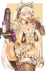 Rule 34 | 1girl, absurdres, animal ears, apron, between breasts, bikini, black bikini, breasts, cat ears, character request, cheona (last origin), dildo, female focus, garter straps, highres, huge breasts, larribee, last origin, maid, naughty face, necktie, necktie between breasts, purple eyes, sex toy, shiny skin, skindentation, solo, standing, swimsuit, thick thighs, thighhighs, thighs, white hair