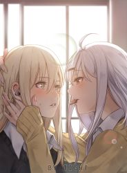 Rule 34 | 2girls, ahoge, artist name, backlighting, black sweater, blonde hair, blush, chocolate, collared shirt, commentary request, day, eye contact, face-to-face, fingernails, food in mouth, hair between eyes, hair ornament, hairclip, half-closed eyes, hand on another&#039;s cheek, hand on another&#039;s face, hand on another&#039;s head, highres, indoors, lens flare, long hair, long sleeves, looking at another, mouth hold, multiple girls, original, parted lips, red eyes, school uniform, shirt, sidelocks, silver hair, sunlight, sweat, sweater, tight (ohmygod), upper body, white shirt, window, yellow eyes, yellow sweater, yuri