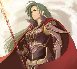 Rule 34 | 1girl, armor, armpits, breasts, cape, character name, cleavage, fire emblem, fire emblem: path of radiance, gauntlets, green hair, long hair, nintendo, nonji (sayglo halo), petrine (fire emblem), polearm, purple eyes, smile, solo, spear, weapon