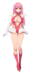 Rule 34 | 1girl, bare legs, bare shoulders, blush, boots, breasts, cleavage, cleavage cutout, clothing cutout, covered erect nipples, female focus, full body, game cg, highres, huge breasts, jewelry, legs, leotard, long hair, looking at viewer, magical girl, numeko, original, pink hair, red eyes, shiny skin, sideboob, simple background, smile, solo, standing
