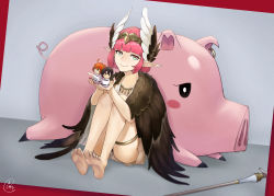 Rule 34 | 1girl, absurdres, ass, barefoot, circe (fate), commentary request, doll, fate/grand order, fate (series), feathered wings, feet, fujimaru ritsuka (female), fujimaru ritsuka (male), head wings, highres, holding, holding doll, jewelry, looking at viewer, peppertomo, pig, pink hair, pointy ears, servant (fate), sitting, smile, soles, toes, wings