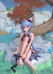 Rule 34 | 1girl, absurdres, adjusting clothes, adjusting legwear, ahoge, bare shoulders, barefoot, bell, black thighhighs, blue hair, blush, breasts, bug, butterfly, closed mouth, cowbell, curled horns, egg, full body, ganyu (genshin impact), genshin impact, hair between eyes, highres, holding, holding clothes, holding legwear, horns, insect, knee up, legs, leotard, long hair, looking at viewer, medium breasts, multicolored eyes, rock, sidelocks, single thighhigh, sitting, sleeveless, solo, tassel, thighhighs, thighs, tree, water, yuyuyu (pixiv19949705)