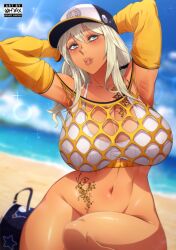 Rule 34 | armpits, arms behind head, arms up, artist logo, artist name, baseball cap, beach, blonde hair, blurry, blurry background, bottomless, breasts, breasts apart, collarbone, detached sleeves, flower tattoo, green eyes, groin, hat, highres, huge breasts, lens flare, lips, looking at viewer, navel, ohdax, outdoors, palm tree, parted lips, rinalia kuo, shore, smile, sparkle, sports bra, stomach tattoo, super robot wars, super robot wars dd, tattoo, teeth, thighs, tree, white sports bra
