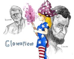 Rule 34 | 1girl, 2boys, abraham lincoln, american flag dress, american flag legwear, beard, blonde hair, breasts, character name, closed mouth, clownpiece, collared shirt, cowboy shot, crossover, facial hair, fire, greyscale, hat, highres, holding, holding torch, imori (46296895), jester cap, john f. kennedy, long hair, looking at viewer, medium breasts, monochrome, multiple boys, necktie, pantyhose, polka dot, real life, red eyes, shirt, short hair, solo, torch, touhou, upper body