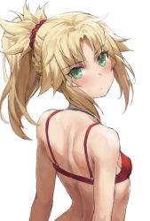 Rule 34 | 1girl, blonde hair, blush, bra, braid, breasts, fate/apocrypha, fate (series), female focus, french braid, green eyes, highres, long hair, looking at viewer, mordred (fate), mordred (fate/apocrypha), parted bangs, ponytail, red bra, red scrunchie, scrunchie, sidelocks, simple background, small breasts, solo, tonee, underwear, upper body