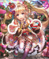 Rule 34 | 2girls, :d, blonde hair, blue eyes, blunt bangs, blush, boots, bracer, crown, earrings, fingernails, flower, gift, hair flower, hair ornament, hairclip, heart, heart-shaped pupils, holding, jewelry, legband, liduke, long hair, looking at viewer, mini crown, multicolored eyes, multiple girls, nail polish, official art, open mouth, outdoors, pink eyes, pink legwear, pink nails, ring, round teeth, sengoku saga, smile, solo focus, standing, standing on one leg, symbol-shaped pupils, teeth, thighhighs, very long hair, watermark
