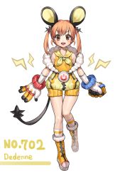 Rule 34 | &gt;:d, 1girl, :d, absurdres, animal ears, bad id, bad pixiv id, boots, creatures (company), dedenne, female focus, full body, game freak, gen 6 pokemon, gloves, highres, hyoin, mouse ears, mouse tail, nintendo, open mouth, orange eyes, orange hair, personification, pokemon, sailor collar, shorts, smile, solo, tail, twintails, v-shaped eyebrows