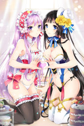 Rule 34 | 2girls, bare shoulders, bell, black hair, black legwear, black panties, blue eyes, blurry, blush, bow, breast press, breasts, cake, cleavage, closed mouth, cross-laced clothes, curtains, depth of field, detached collar, eyebrows, eyelashes, flower, food, frills, frown, fruit, gem, hair flower, hair ornament, hair ribbon, hairband, hand on another&#039;s thigh, hat, heart, heart hands, heart hands duo, jingle bell, kneeling, lace, light particles, long hair, looking at viewer, macaron, mca (dessert candy), mini hat, mini top hat, multiple girls, navel, nexia (sword girls), on floor, panties, parted lips, pearl (gemstone), pintail (sword girls), plate, purple eyes, purple hair, red bow, red ribbon, ribbon, ribbon trim, rose, side-tie panties, smile, stomach, strapless, sweets, sword girls, symmetrical docking, tassel, thighhighs, top hat, underwear, underwear only, very long hair, white legwear, white panties, window, yellow flower, yellow rose