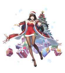 Rule 34 | absurdres, black footwear, black hair, black pantyhose, blue eyes, bow, bowtie, box, breasts, buttons, checkered clothes, christmas, christmas ornaments, christmas tree, coat, collar, counter:side, dress, dress bow, footwear bow, fur trim, gift, gift box, grin, hat, high heels, highres, long hair, official alternate costume, official art, open clothes, open coat, outstretched arms, pantyhose, red coat, red dress, santa hat, seo yoon, smile, snowflakes, standing, standing on one leg, star (symbol), strapless, strapless dress, tachi-e, transparent background, tube dress, very long hair, white collar