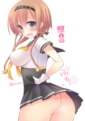 Rule 34 | 10s, 1girl, ass, back, black gloves, blue eyes, blush, braid, breasts, character name, clothes writing, corset, curvy, gloves, hair ornament, hairband, kantai collection, light brown hair, long hair, looking at viewer, looking back, miniskirt, multicolored gloves, neckerchief, no panties, open mouth, pocopoco, propeller hair ornament, school uniform, serafuku, skirt, solo, teruzuki (kancolle), twin braids, twitter username, white gloves, wind, wind lift