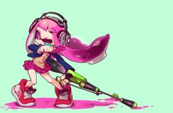 Rule 34 | 1girl, aqua background, artist name, bad id, bad pixiv id, blazer, blue jacket, brown sweater, cross-laced footwear, dress shirt, full body, gun, headphones, hero charger (splatoon), holding, holding gun, holding weapon, inkling, inkling girl, inkling player character, jacket, long hair, looking to the side, mask, miniskirt, necktie, nintendo, one eye closed, open clothes, open jacket, paint splatter, pani spla, parted lips, pink eyes, pink hair, plaid, plaid necktie, plaid neckwear, plaid skirt, pleated skirt, purple necktie, purple skirt, red footwear, school uniform, shirt, shoes, signature, simple background, skirt, sneakers, solo, standing, sweater, tentacle hair, v-neck, weapon, white shirt