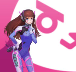 Rule 34 | 1girl, 2017, acronym, alternate eye color, animal print, armor, artist name, blue bodysuit, blue eyes, blunt bangs, bodysuit, boots, bracer, breasts, breasts apart, brown hair, charm (object), closed mouth, covered navel, cowboy shot, d.va (overwatch), dated, eyelashes, facepaint, facial mark, finger to cheek, gloves, gun, hand on own hip, hand up, handgun, headphones, highres, holding, holding gun, holding weapon, index finger raised, legs apart, long hair, looking at viewer, medium breasts, overwatch, overwatch 1, pauldrons, pilot suit, pink lips, qc pan, rabbit print, ribbed bodysuit, shoulder armor, shoulder pads, skin tight, smile, solo, standing, thigh boots, thigh strap, thighhighs, turtleneck, weapon, whisker markings, white footwear, white gloves