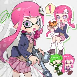 Rule 34 | !, 1boy, 1girl, aerospray (splatoon), bow, bowtie, chibi, chibi inset, commentary, eyebrow cut, eyelashes, fang, food, green hair, gun, hair ornament, hairclip, hg swdiary, highres, holding, holding food, holding gun, holding weapon, inkling, inkling boy, inkling girl, inkling player character, invisible chair, long hair, looking at viewer, multiple views, nintendo, open mouth, pink bow, pink bowtie, pink hair, pink skirt, plaid, plaid bow, plaid bowtie, plaid skirt, pleated skirt, pointy ears, purple eyes, short hair, sitting, skirt, smile, splatoon (series), splatoon 3, spoken exclamation mark, sweat, symbol-only commentary, tentacle hair, weapon, white background, zoom layer